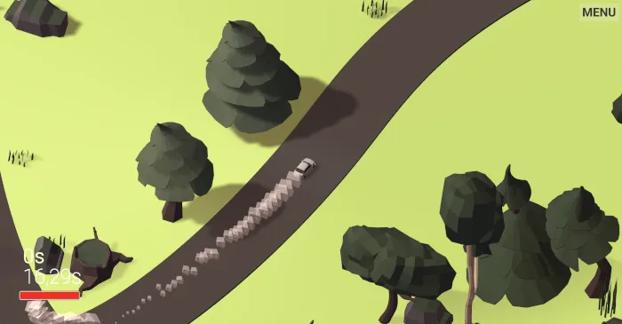 En liten bil på en svingete skogsvei i Tiny Racer.